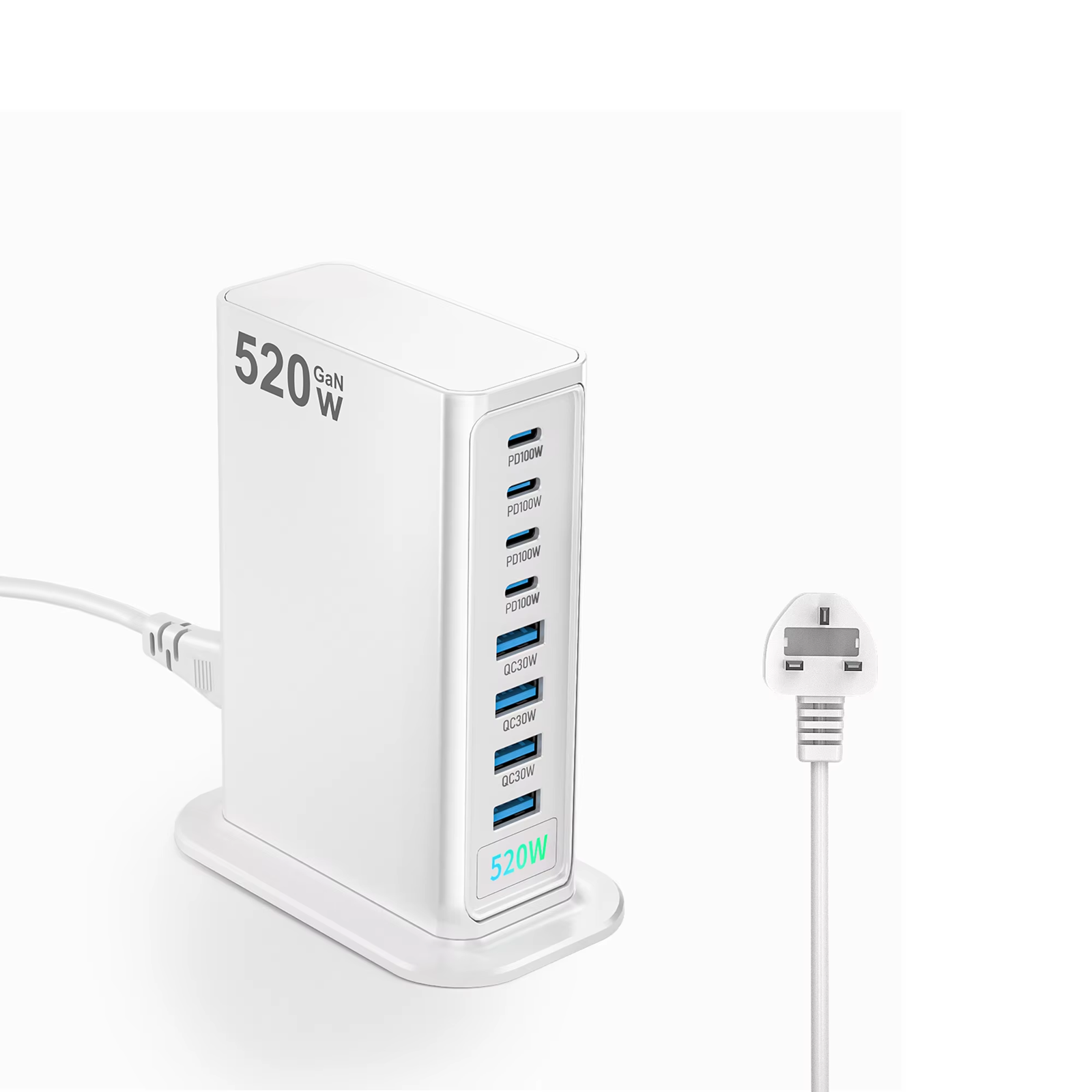 Estación de Carga Multipuerto 4C4A de 520W Súper Rápida para Laptop Apple iPhone16 15 14 Android Tipo C con Adaptador de Corriente PD 100W blanco